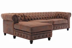 Design Ecksofa CHESTERFIELD 270cm antik braun Microfaser Federkern Ottomane links Vintage