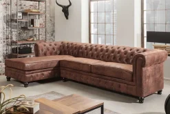 Design Ecksofa CHESTERFIELD 270cm antik braun Microfaser Federkern Ottomane links Vintage