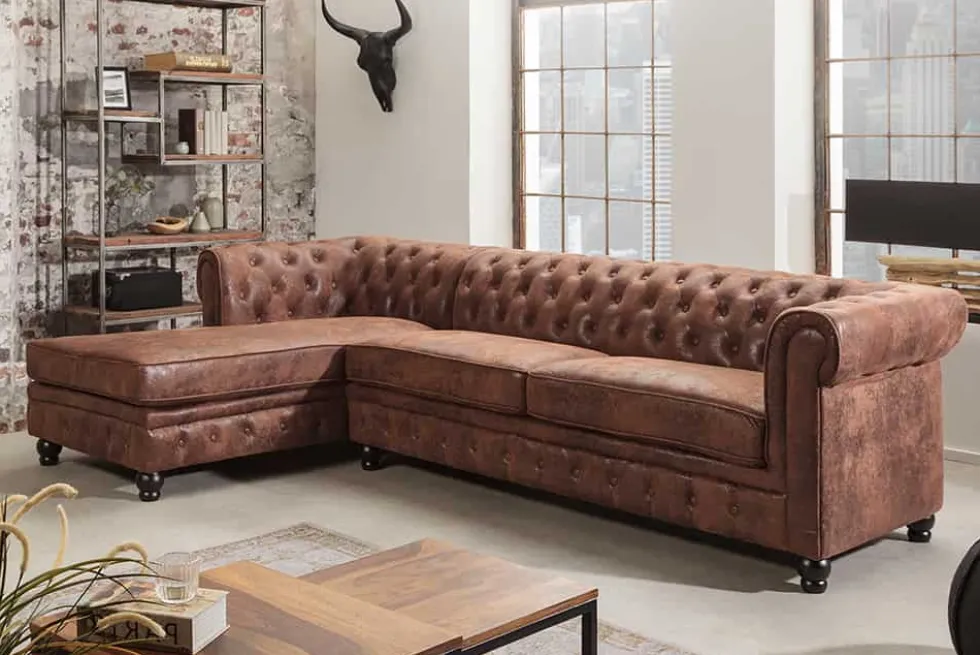Design Ecksofa CHESTERFIELD 270cm antik braun Microfaser Federkern Ottomane links Vintage