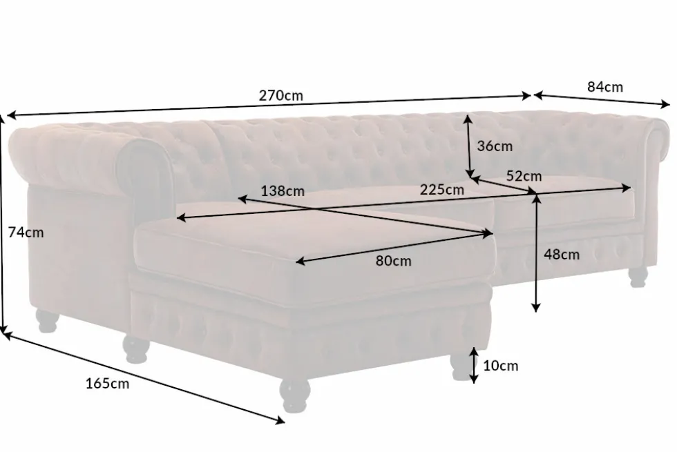 Design Ecksofa CHESTERFIELD 270cm antik braun Microfaser Federkern Ottomane links Vintage