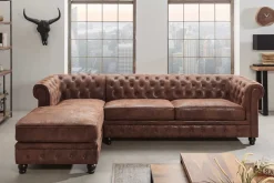 Design Ecksofa CHESTERFIELD 270cm antik braun Microfaser Federkern Ottomane links Vintage
