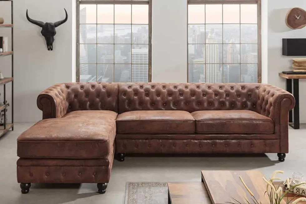 Design Ecksofa CHESTERFIELD 270cm antik braun Microfaser Federkern Ottomane links Vintage