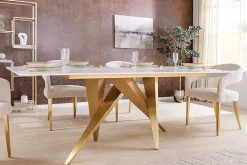 Design Esstisch ART LIVING 200cm weiß Marmor Keramik Metall brushed champagner gold