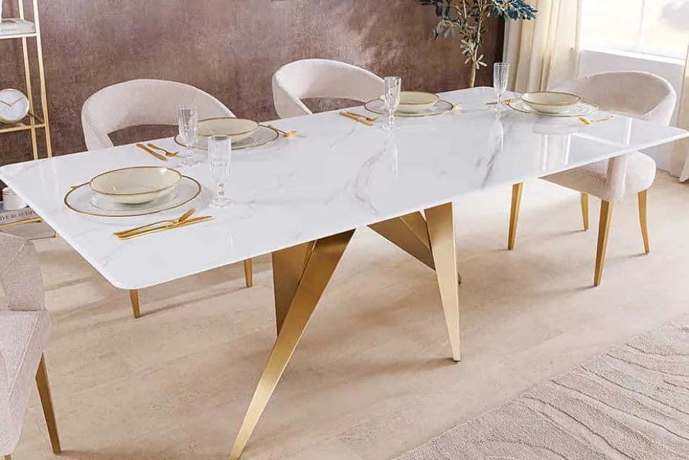 Design Esstisch ART LIVING 200cm weiß Marmor Keramik Metall brushed champagner gold