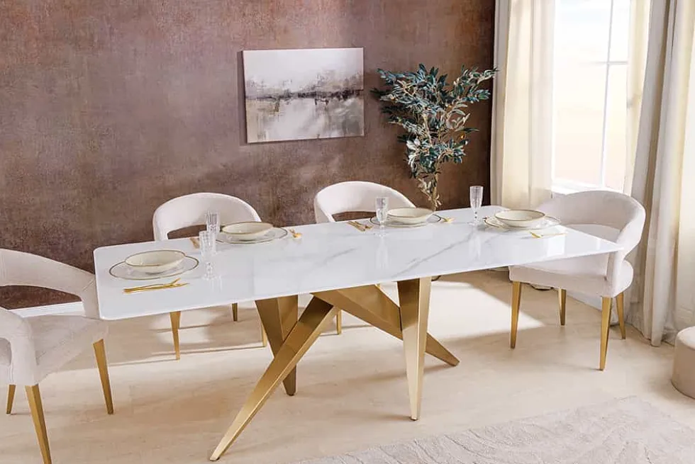 Design Esstisch ART LIVING 200cm weiß Marmor Keramik Metall brushed champagner gold