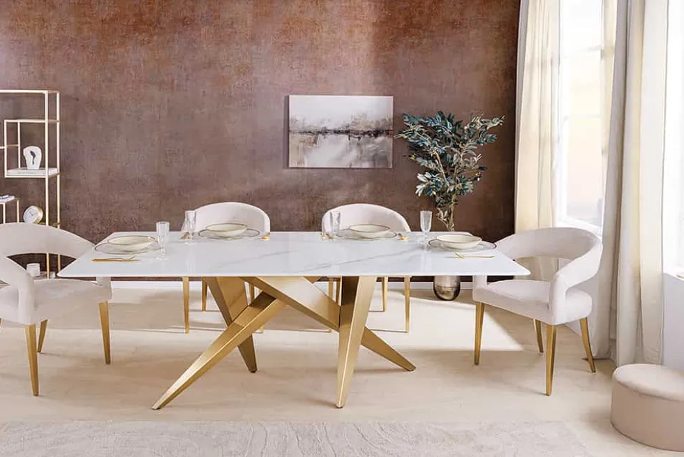 Design Esstisch ART LIVING 200cm weiß Marmor Keramik Metall brushed champagner gold