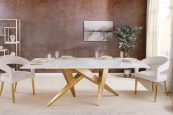 Design Esstisch ART LIVING 200cm weiß Marmor Keramik Metall brushed champagner gold