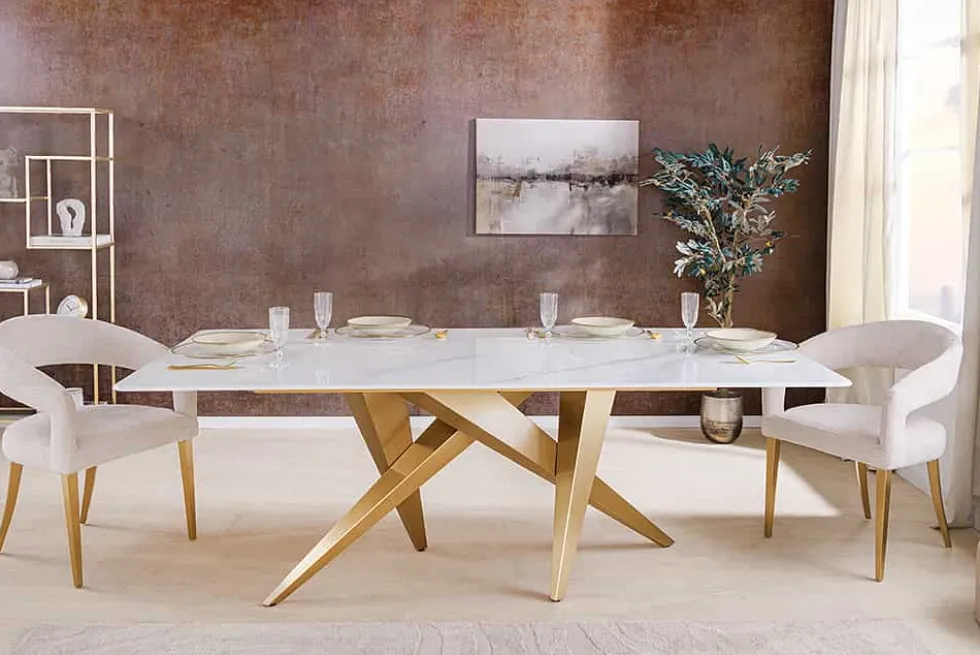 Design Esstisch ART LIVING 200cm weiß Marmor Keramik Metall brushed champagner gold