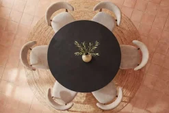 Design Esstisch BABYLON 120cm schwarz Fischgrät Eiche rund mit drei Säulenfüßen