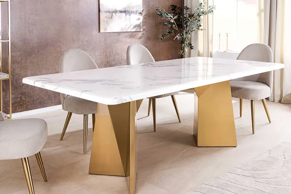 Design Esstisch EXTRAVAGANCIA 200cm weiß Marmor Metall brushed champagner gold
