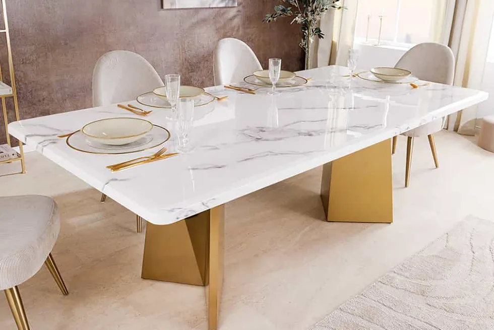Design Esstisch EXTRAVAGANCIA 200cm weiß Marmor Metall brushed champagner gold