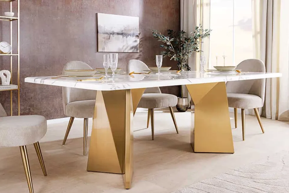 Design Esstisch EXTRAVAGANCIA 200cm weiß Marmor Metall brushed champagner gold