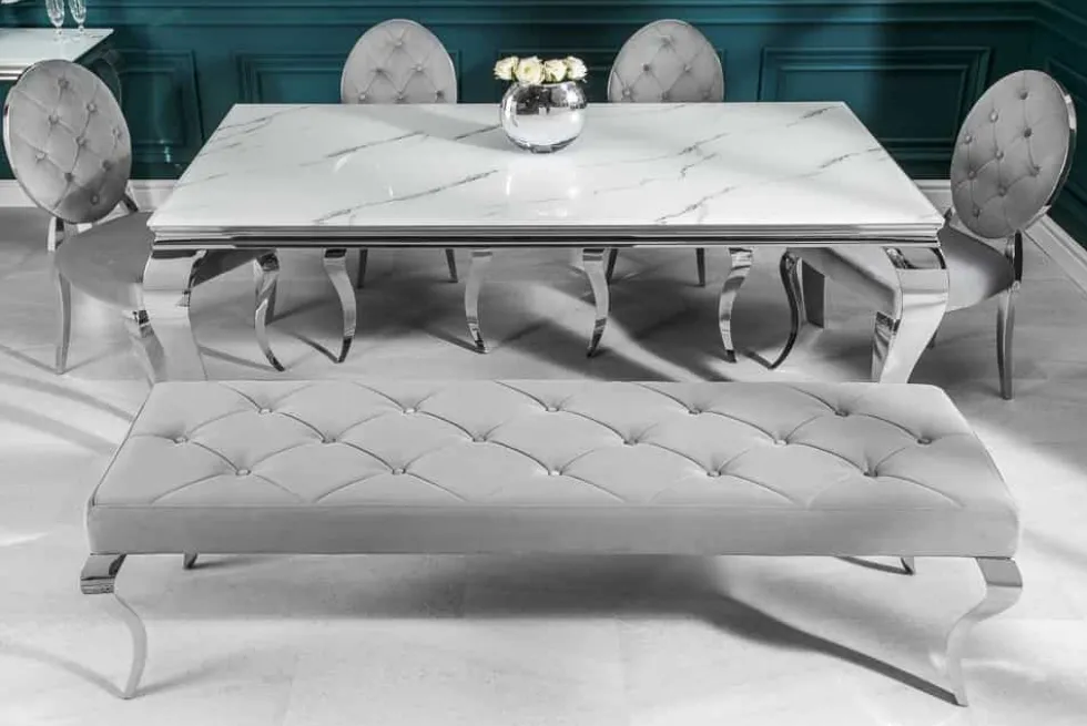 Design Esstisch MODERN BAROCK 180cm weiß chrom Glasplatte Marmor Edelstahlbeine