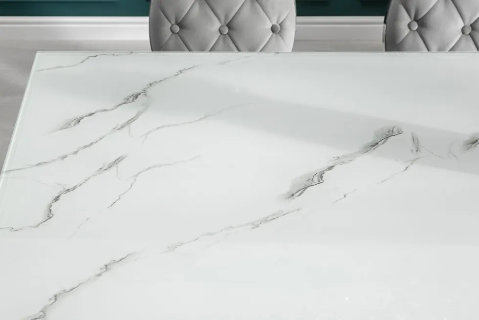 Design Esstisch MODERN BAROCK 180cm weiß chrom Glasplatte Marmor Edelstahlbeine