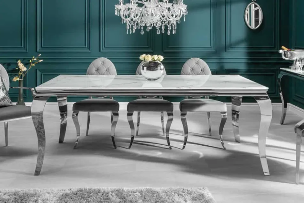 Design Esstisch MODERN BAROCK 180cm weiß chrom Glasplatte Marmor Edelstahlbeine