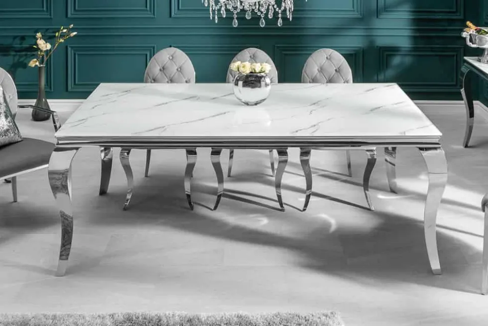 Design Esstisch MODERN BAROCK 180cm weiß chrom Glasplatte Marmor Edelstahlbeine