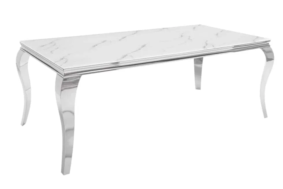 Design Esstisch MODERN BAROCK 180cm weiß chrom Glasplatte Marmor Edelstahlbeine