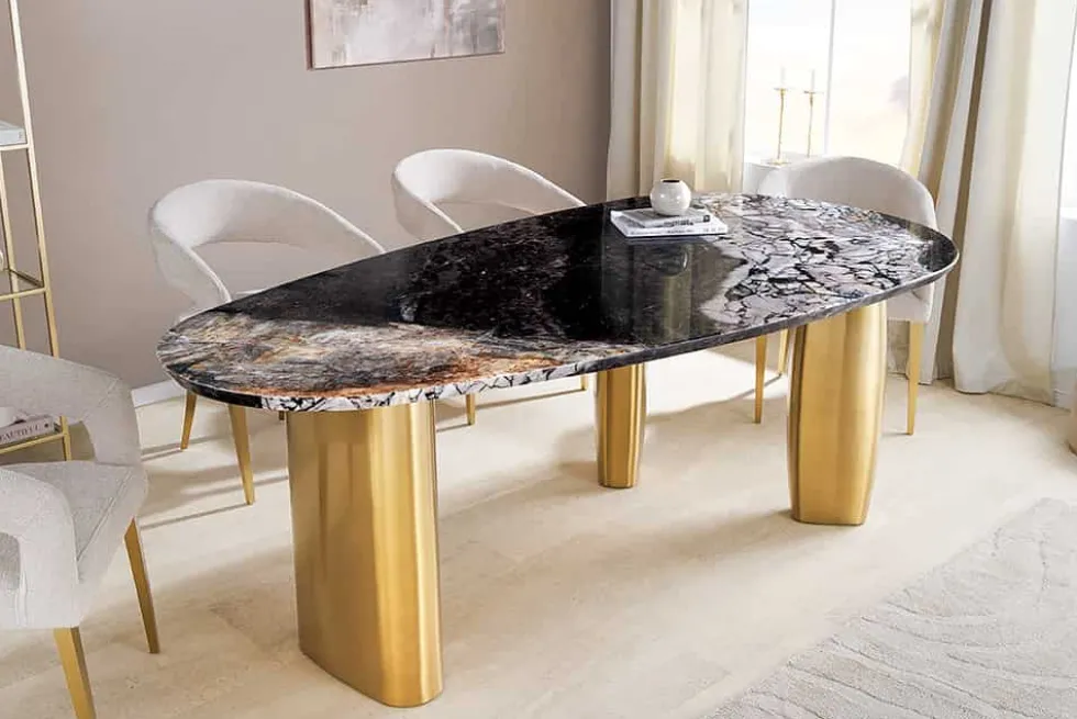Design Esstisch ORGANIC 200cm grau weiß braun Naturstein Marmor Metall brushed gold
