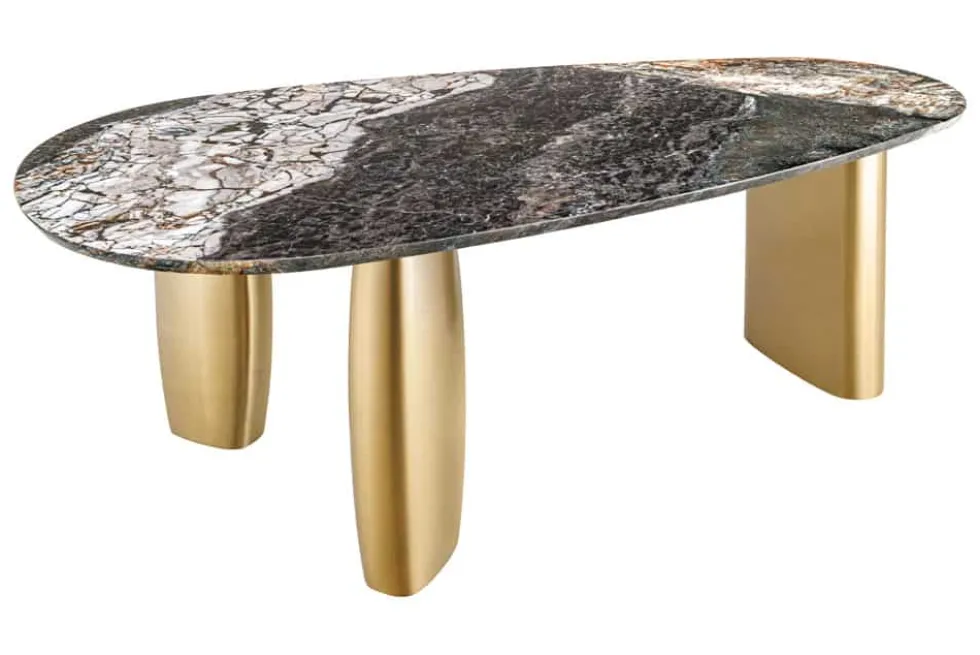 Design Esstisch ORGANIC 200cm grau weiß braun Naturstein Marmor Metall brushed gold