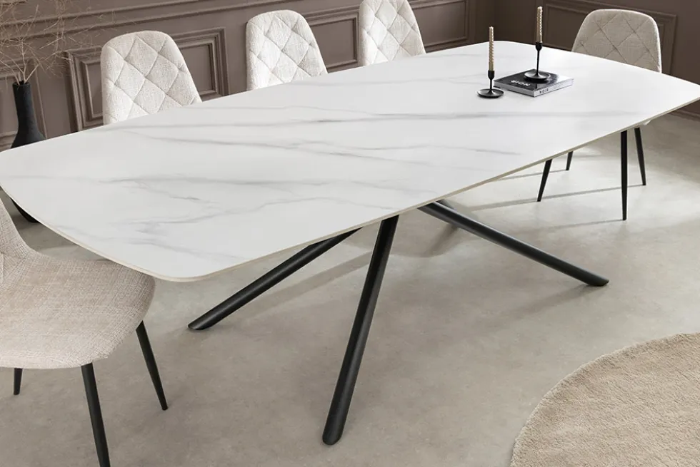Design Esstisch OSAKA 200cm weiß Keramik schwarz Sterngestell Metall