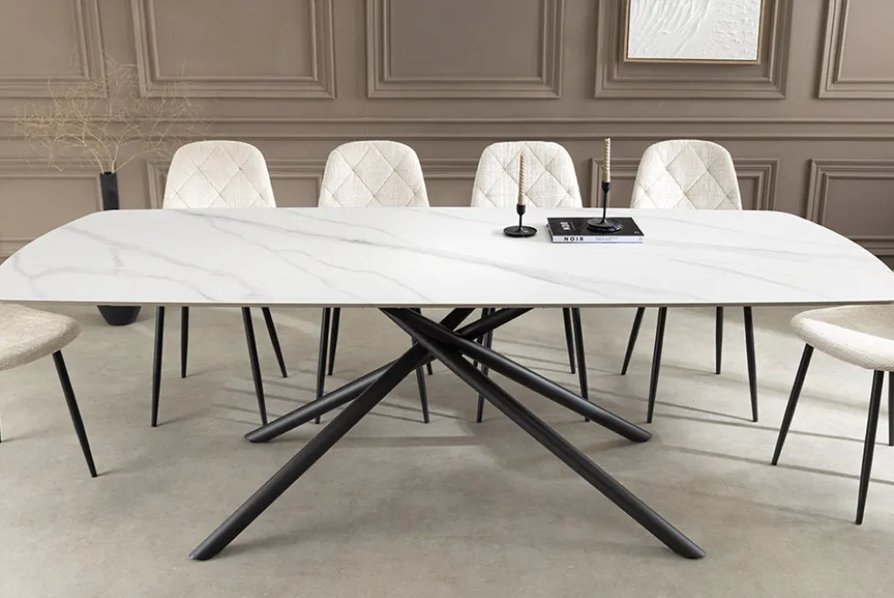 Design Esstisch OSAKA 200cm weiß Keramik schwarz Sterngestell Metall