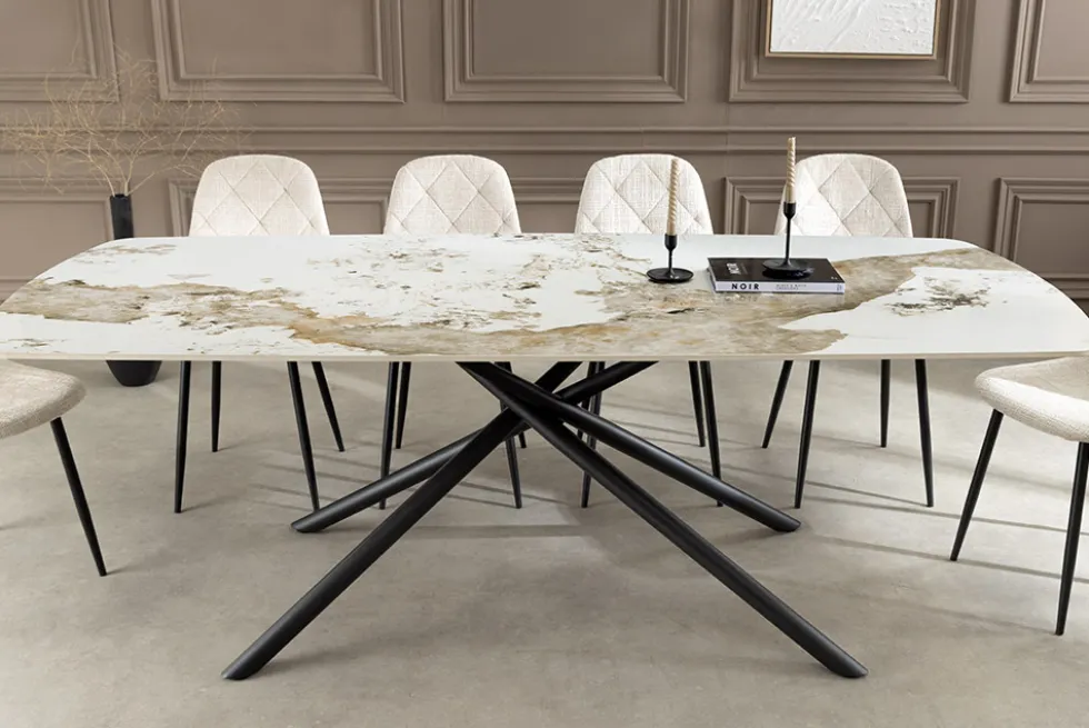 Design Esstisch OSAKA 160cm weiß schwarz Pandora Keramik Sterngestell Metall