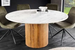 Design Esstisch TRES CHIC 140cm weiß Marmorplatte rund braun Mangoholz