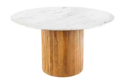 Design Esstisch TRES CHIC 140cm weiß Marmorplatte rund braun Mangoholz
