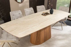 Design Esstisch UNIQUE 200cm natur braun Travertin Keramik Eichenholz Säulenfuß