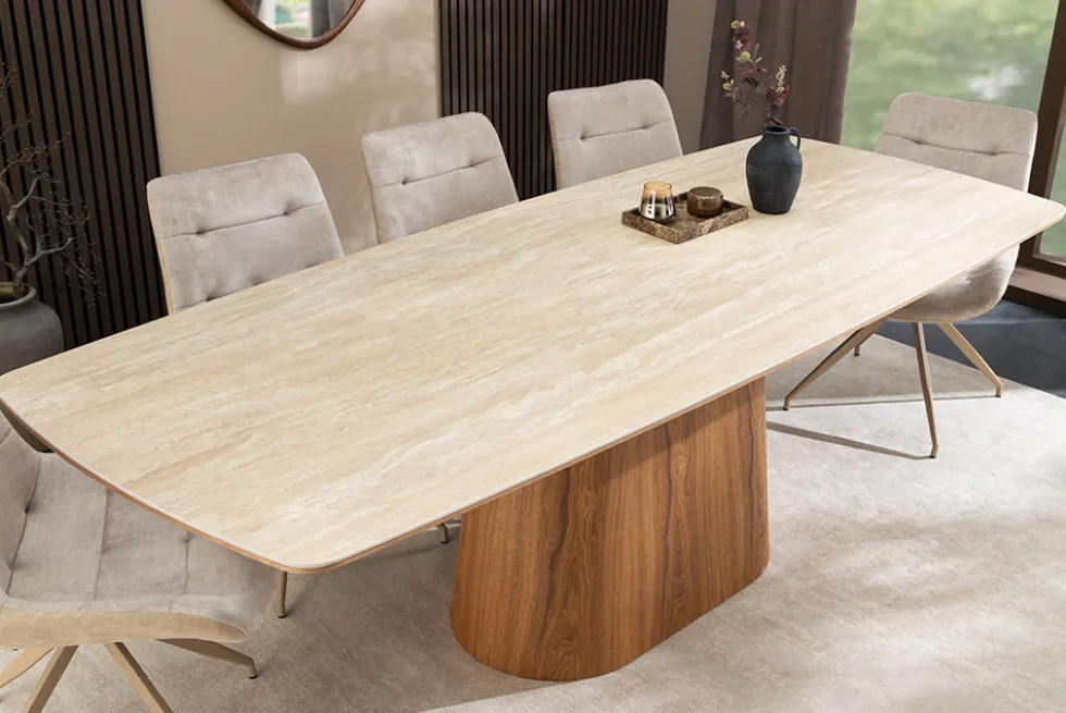 Design Esstisch UNIQUE 200cm natur braun Travertin Keramik Eichenholz Säulenfuß
