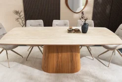 Design Esstisch UNIQUE 200cm natur braun Travertin Keramik Eichenholz Säulenfuß
