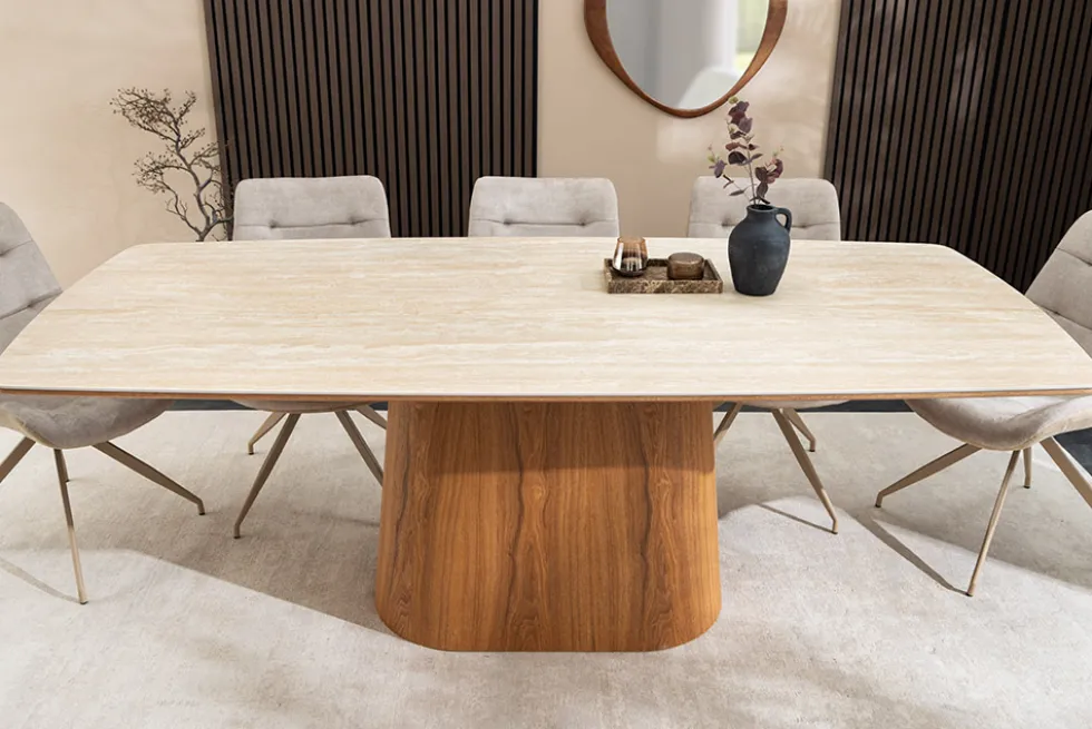 Design Esstisch UNIQUE 200cm natur braun Travertin Keramik Eichenholz Säulenfuß