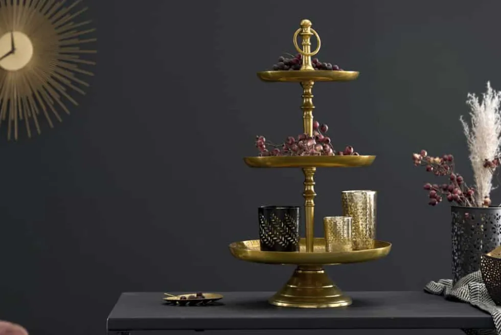 Design Etagere ORIENT 50cm gold im Wild Hammerschlag mit drei Etagen