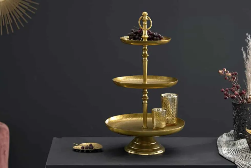 Design Etagere ORIENT 50cm gold im Wild Hammerschlag mit drei Etagen