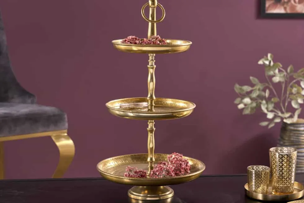 Design Etagere ORIENT 50cm gold im Wild Hammerschlag mit drei Etagen