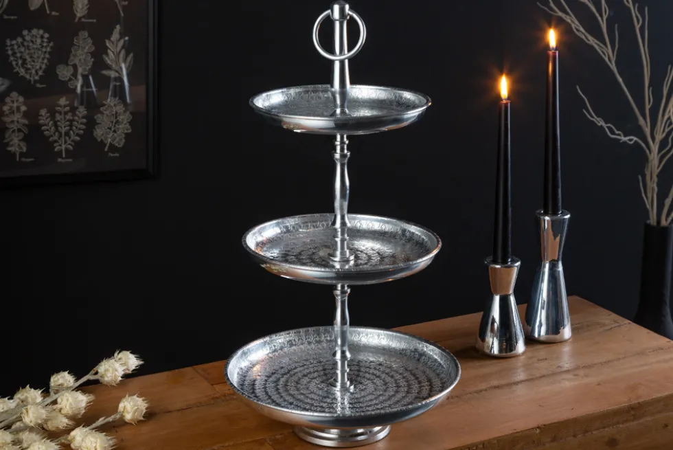 Design Etagere ORIENT 50cm silber im Wild Hammerschlag mit drei Etagen