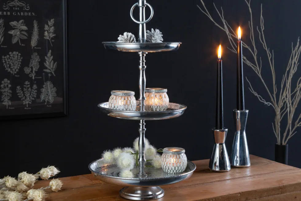 Design Etagere ORIENT 50cm silber im Wild Hammerschlag mit drei Etagen