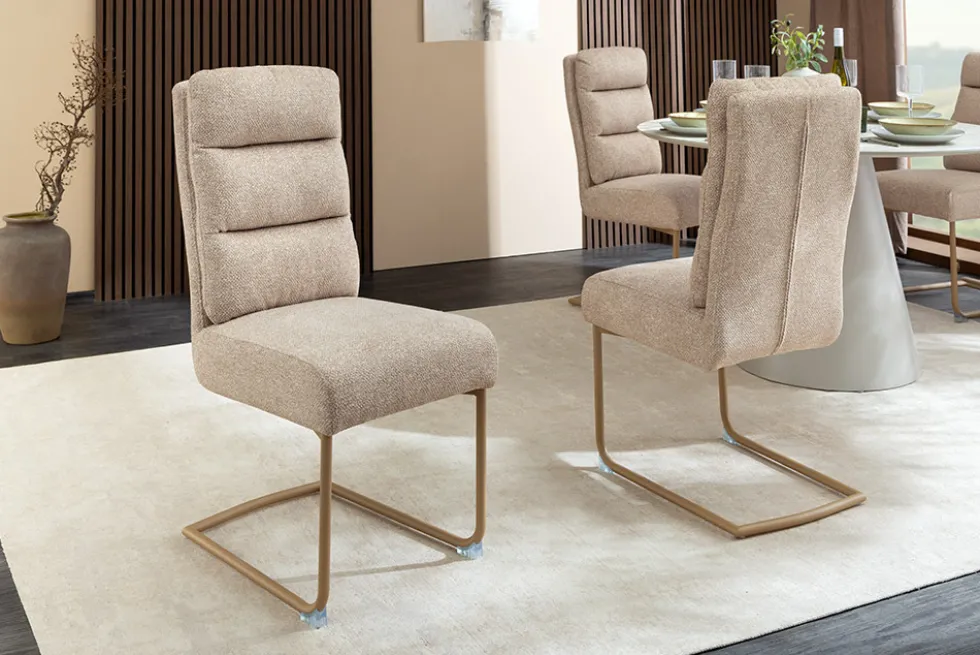 Design Freischwinger Stuhl COMFORT beige Strukturstoff mit Metallgestell