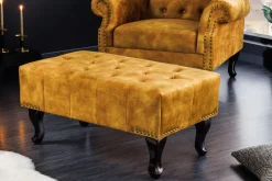 Design Fußhocker CHESTERFIELD 80cm senfgelb Samt Knopfheftung Nietenbesatz