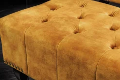 Design Fußhocker CHESTERFIELD 80cm senfgelb Samt Knopfheftung Nietenbesatz