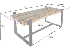 Design Glas Esstisch BARRACUDA 220cm natur Teak Massivholz schwarz Kufengestell