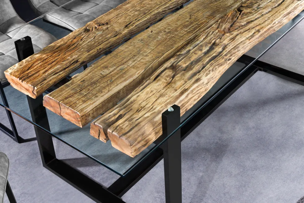 Design Glas Esstisch BARRACUDA 220cm natur Teak Massivholz schwarz Kufengestell