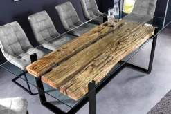 Design Glas Esstisch BARRACUDA 220cm natur Teak Massivholz schwarz Kufengestell