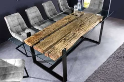 Design Glas Esstisch BARRACUDA 220cm natur Teak Massivholz schwarz Kufengestell