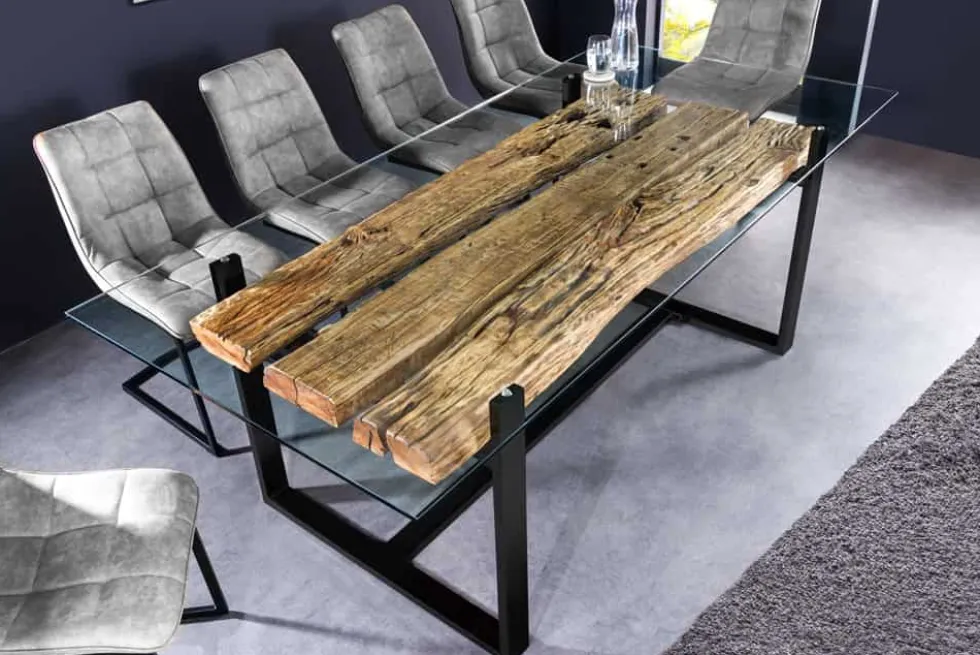 Design Glas Esstisch BARRACUDA 220cm natur Teak Massivholz schwarz Kufengestell