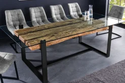 Design Glas Esstisch BARRACUDA 220cm natur Teak Massivholz schwarz Kufengestell
