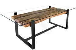 Design Glas Esstisch BARRACUDA 220cm natur Teak Massivholz schwarz Kufengestell