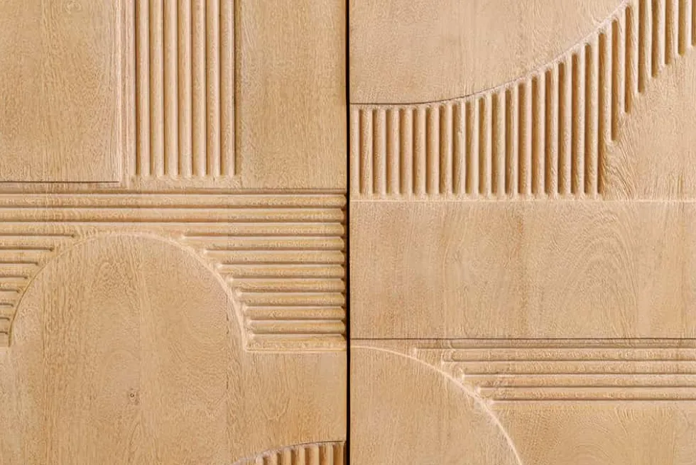 Design Highboard ART DECO 120cm weiß gekälkt Mangoholz massiv 3D Front
