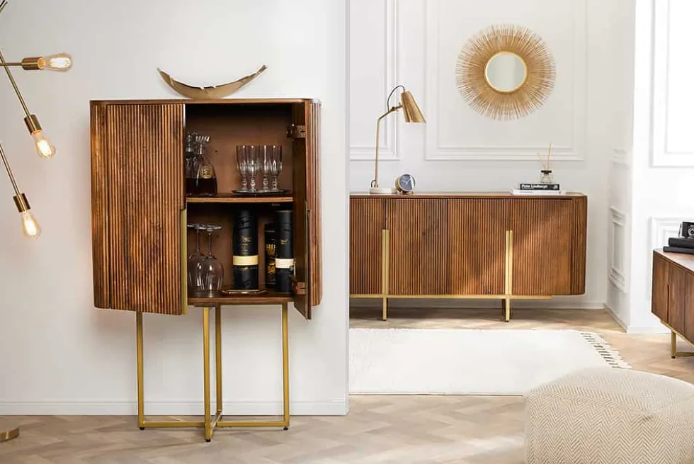 Design Highboard GATSBY 125cm braun mattgold Mangoholz Retro