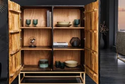 Design Highboard ILLUSION 120cm schwarz Mangoholz Massivholz mit 3D Schnitzereien gold Eisen Metallgestell